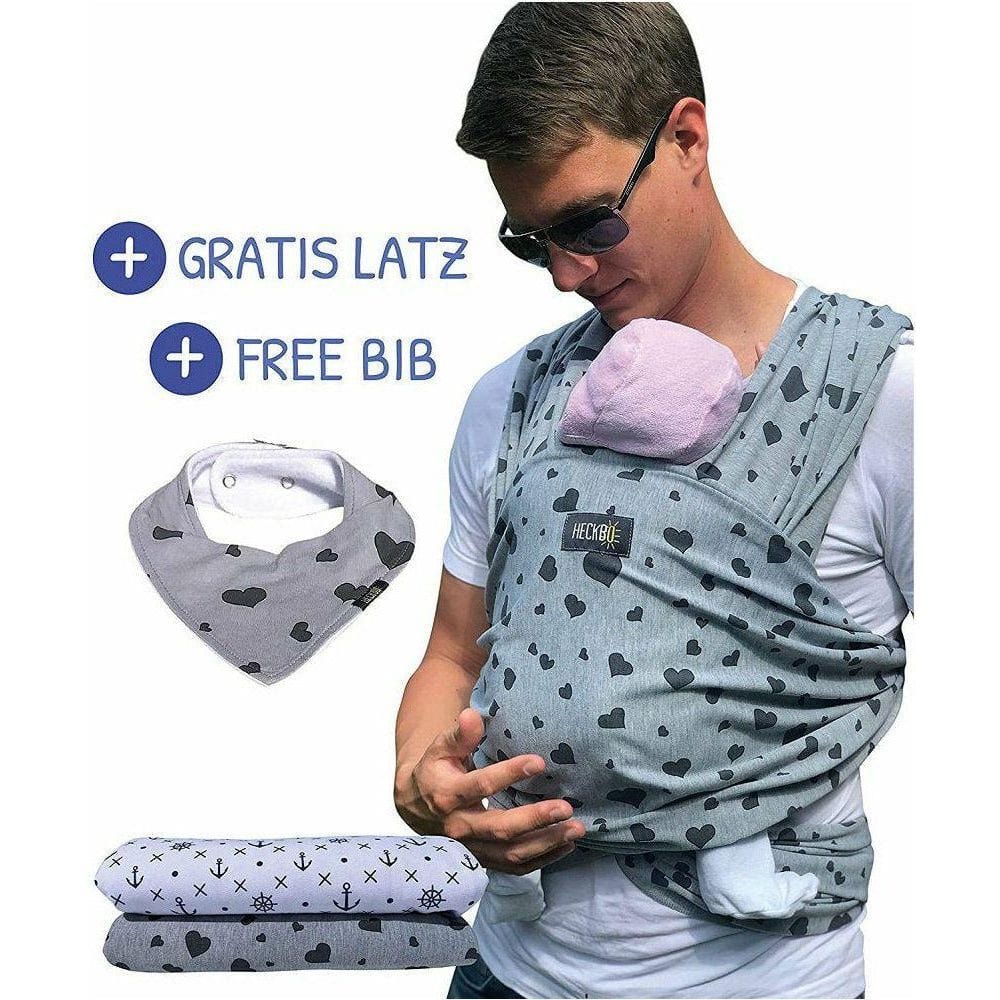 HECKBO Baby Transport Liners & Sacks Babytragetuch grau mit Herzen – inkl. Baby-Lätzchen & Tasche