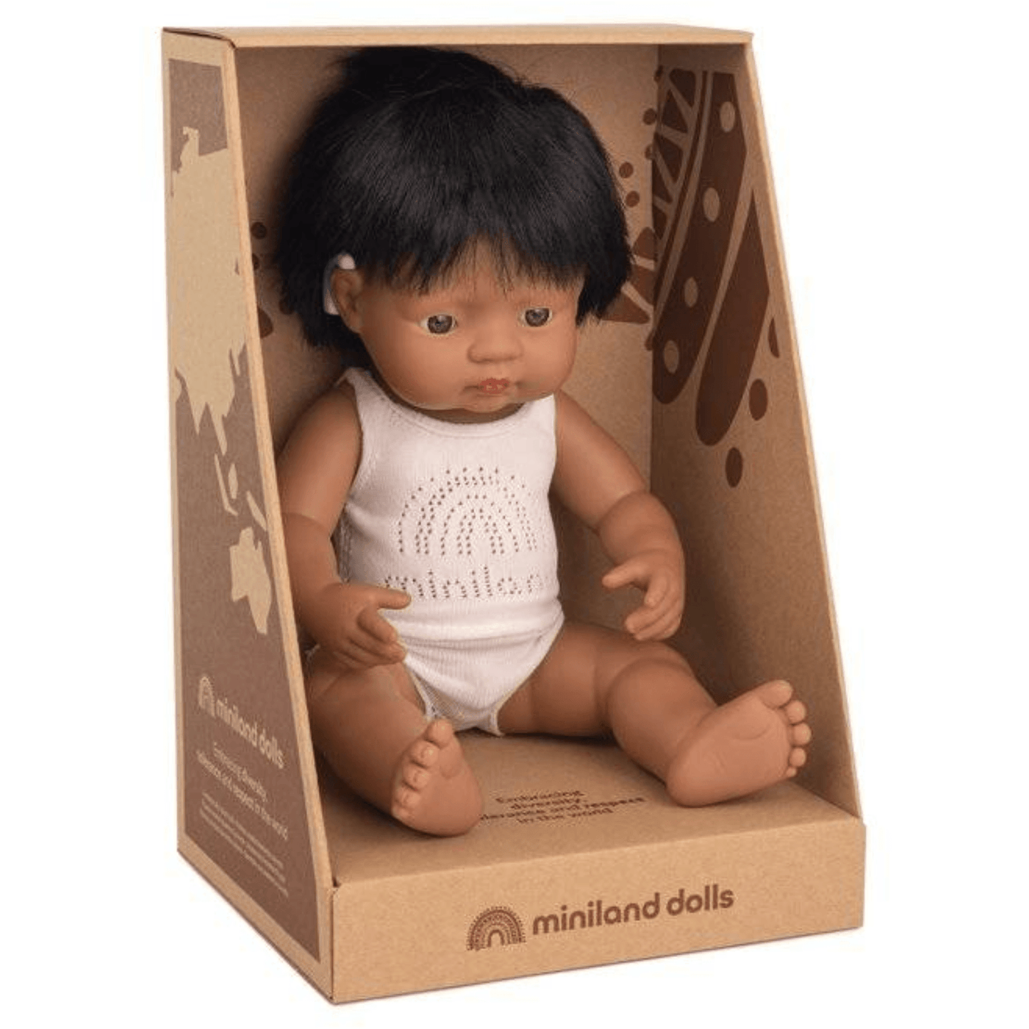 Sienna miniland Babypuppe Hispanic Junge mit Cochlea-Implantat 38 cm Hörgerät