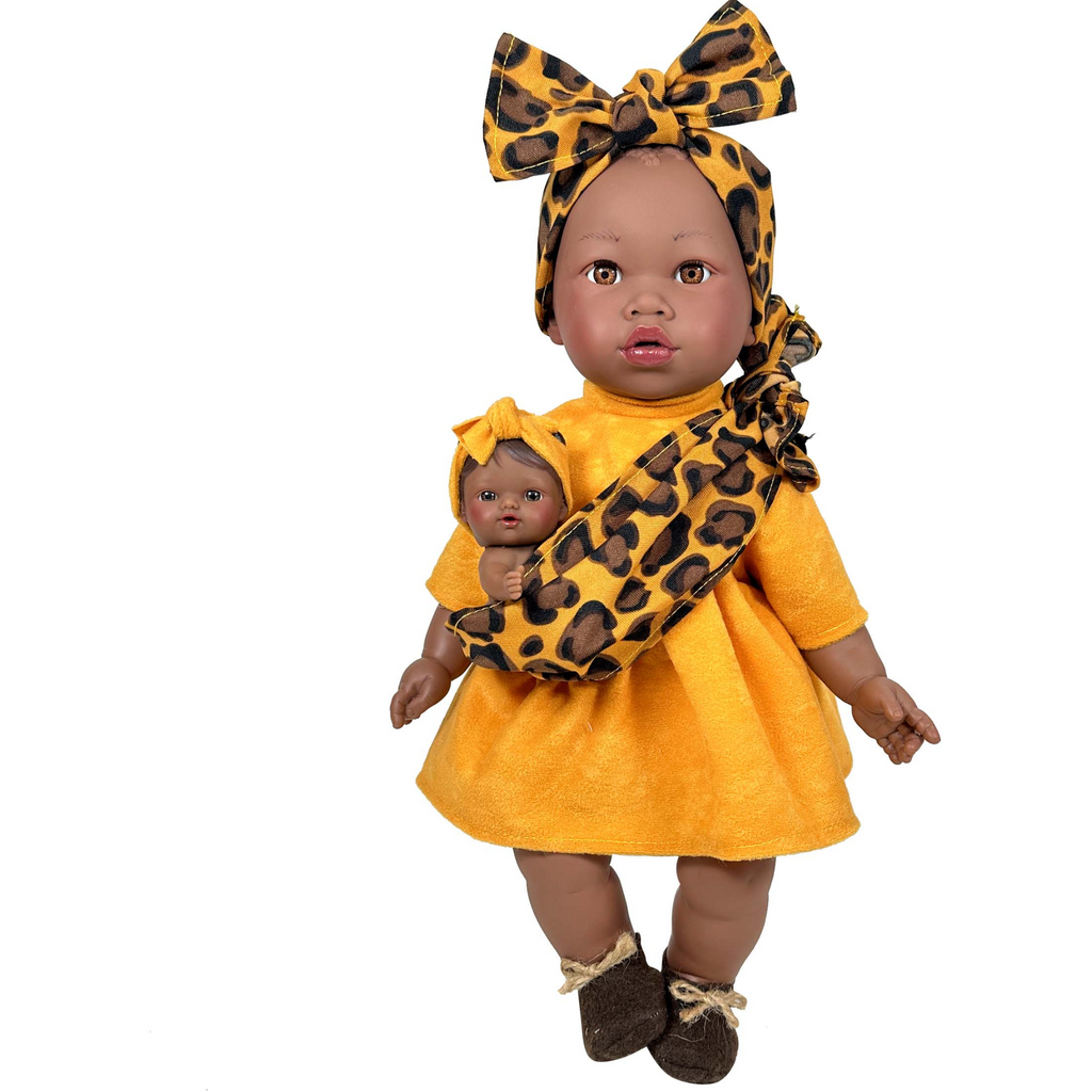 Chocolate Alika Puppe mit Baby (afrikanisch mit orangefarbenem Schal)